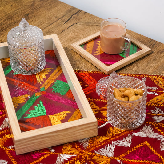 PHULKARI TRAY WITH COASTERS – HERITAGE IN EVERY THREAD - SRI ASDHUJ