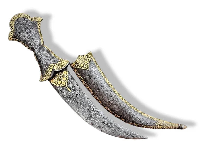 Damascus Steel Dagger with Gold Damascened Sheath and Hilt - SRI ASDHUJ