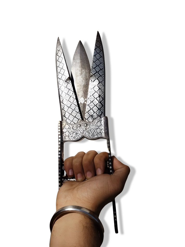 Scissor Katar with Silver Koftgari work and Damascus blade - SRI ASDHUJ